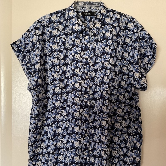 NWT POLO RALPH LAUREN BLUE MULTI FLORAL LINEN CUFFED DOLMAN SLEEVE BUTTON DOWN - Picture 2 of 15